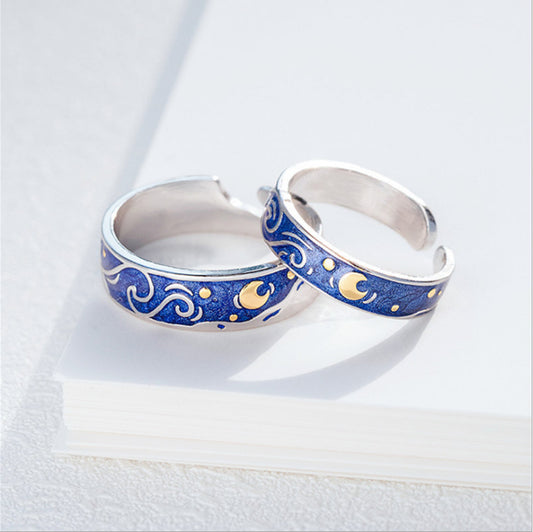 New Creative Design  "The Starry Night" Van Gogh Painting Starry Night Pair Jewelry Gift Rings