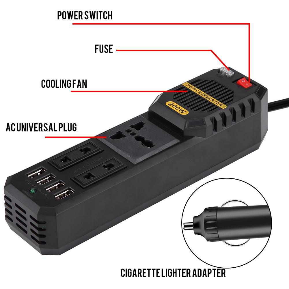 200W DC 12V to AC 220V Car Power Inverter Converter Cigarette Lighter USB Charger Universal