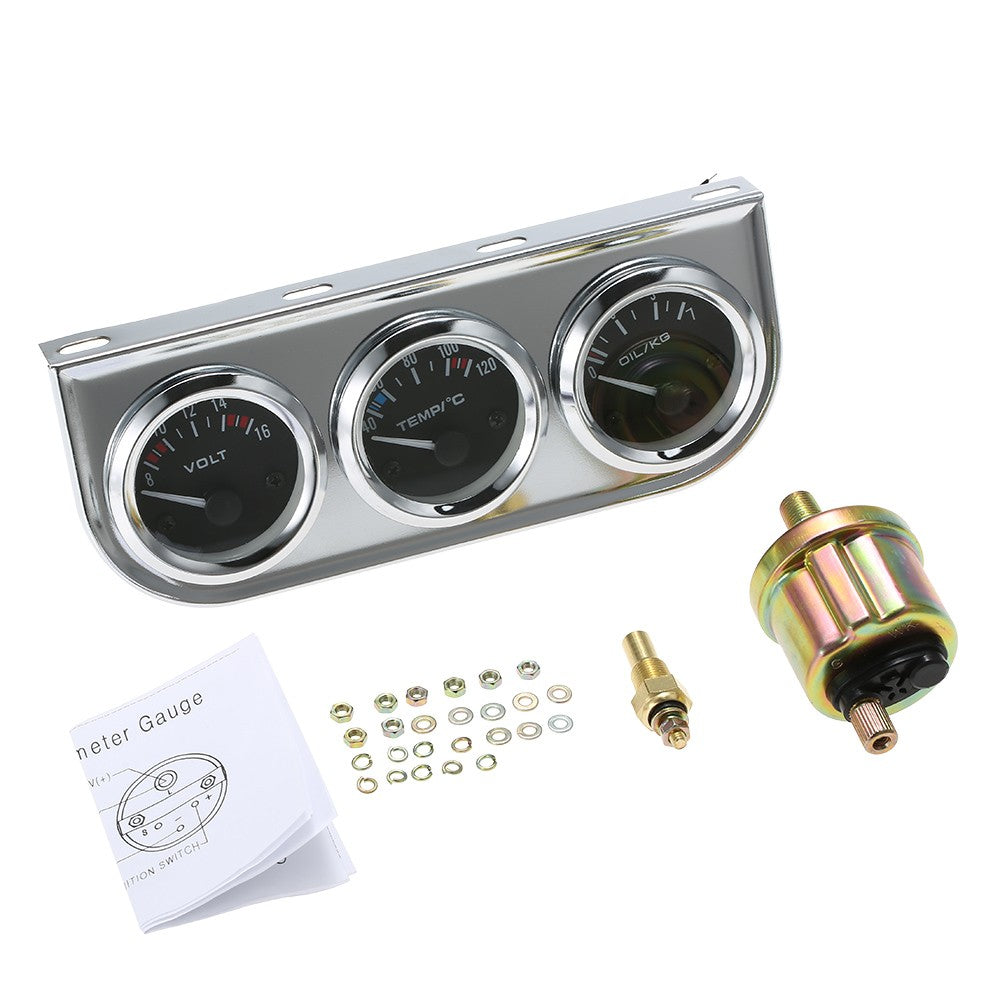 52MM Oil Pressure Fahrenheit Water Temperature Gauge Voltmeter Chrome 3 in 1 Gauge Kit  Car Motorcycle Meter